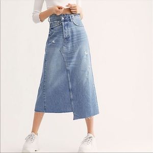 Free People patchwork style reworked distressed denim midi skirt raw edge